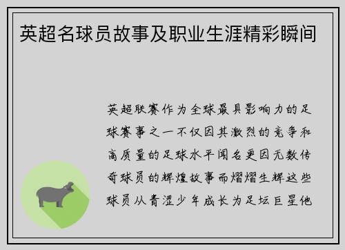 英超名球员故事及职业生涯精彩瞬间