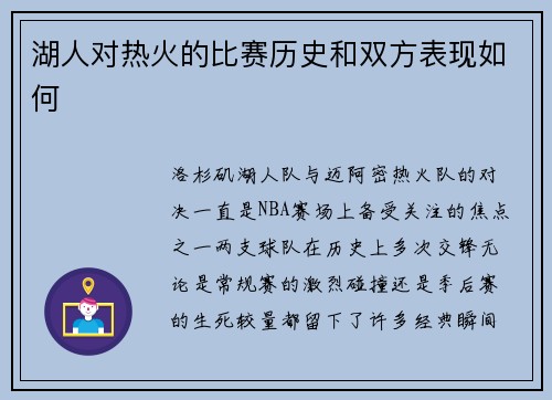 湖人对热火的比赛历史和双方表现如何